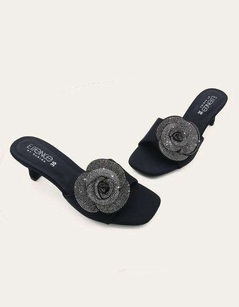 Rosavia heel slides – black with silver floral embellishment